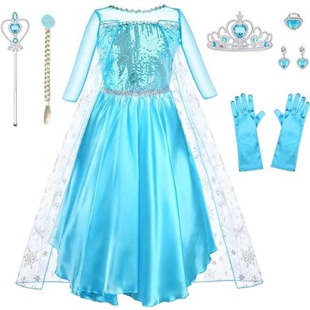 Kostyme Barn Jenter 9 Deler Sett ELSA Kjole Barn med Krone Tiara Hansker Tryllestav for Jul Maskerade Karneval Halloween Bursdagsfest-WELLNGS