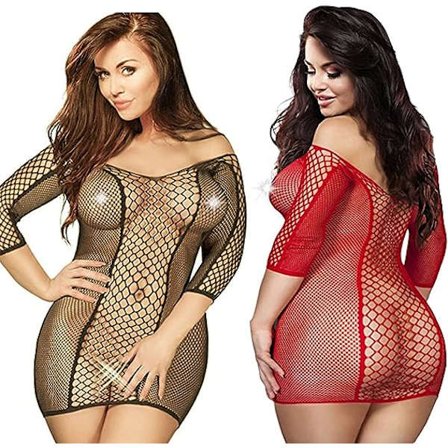 2-pack Plus Size Damkläder Sömlös Fisknät Chemise Sexig Lingerie Mesh Hål Långärmad Babydoll