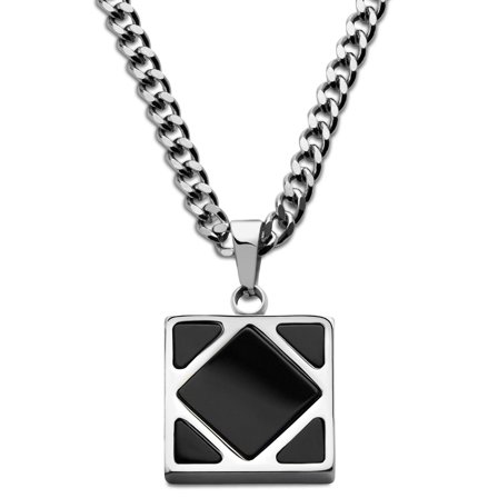 Cruz | Square Silver-Tone Stainless Steel & Black Onyx Necklace for Men - Steel necklaces