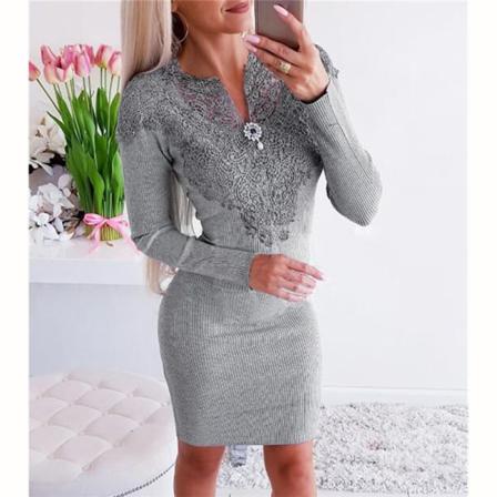 Elegant Lady Winter Pencil Dress Patchwork Design Spetspärlor