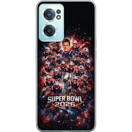 Yhteensopiva Puhelinkuori OnePlus Nord CE 2 5G Super Bowl 2026 juliste, jossa New England Patriots ja NFL-mestaruuspalkinto räjähtävän urheilullisessa