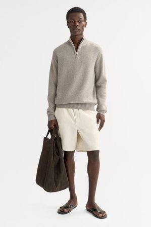 Soft Goat - Men's chunky half zip - Kaschmirpullover für Herren - L - Greige