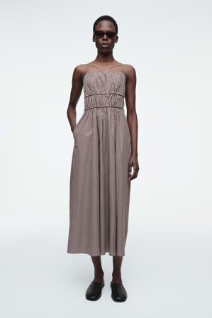 COS Women's Striped Gathered Waist Midi Dress in Brown
