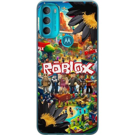 Motorola Moto G71 5G Genomskinligt Skal Robloxvärld full av figurer, byggnader och äventyr i starka färger där karaktärer poserar framför loggan