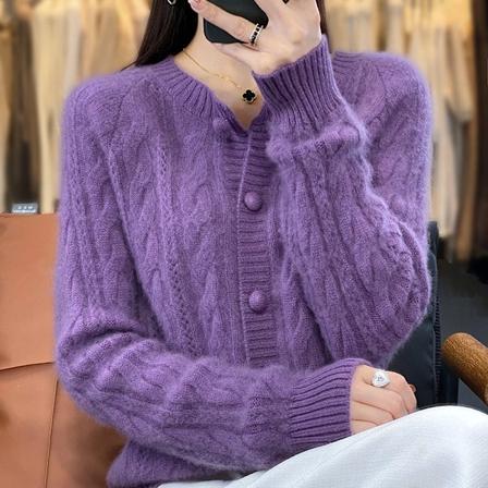 Lhzsyy Efterår Vinter Ny Cashmir Cardigan Kvinder O-Hals Strik Rock Trøje Casual Stor Størrelse Skjorte Toppe Loose Twist Kvindelig Jakke Violet L