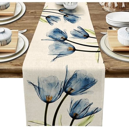 Blå Tulipan Bordløber, Blomstret Bordløber, Sommerprint Blomster Bordløber Dekoration