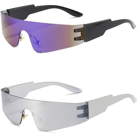 Kehyksettömät aurinkolasit, 2 Futuristisen silmälasit Kyklooppi aurinkolasit, Avaruuslasit, Alien lasit Set Cosplay Halloween lasit (Hopea, Musta)