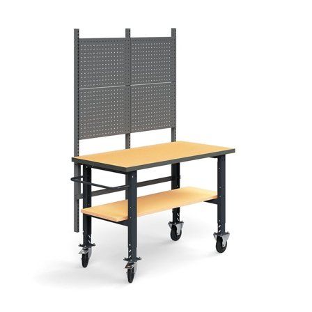 Komplett arbeidsbord TRUST på hjul, verktøytavle, underhylle, L1500 B760 mm, herdet board