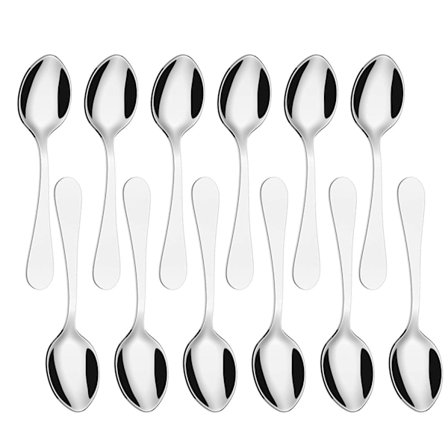 Teskedar, Set med 12 teskedar i rostfritt stål, kaffe te dessertbestick - 14 cm / 5,5 tum (silver)