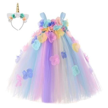 Yksisarvinen kukka prinsessa tyttö mekko tylli tutu mekot pääpannalla(S(1-2T))