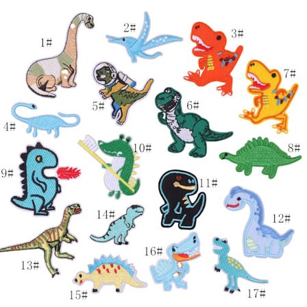 Dinosaur strygejern-på patch, 17 PCS Dinosaur Patch Sticker Applique Pa