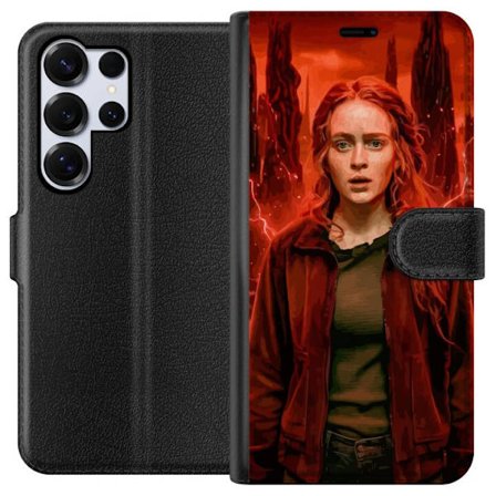 Kompatibelt Plånboksfodral till Samsung Samsung Galaxy S25 Ultra Porträtt av en ung kvinna med rött hår i en apokalyptisk landskap, röda blixtar