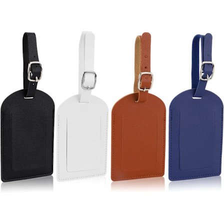 4pcs Leather Luggage Tag, Bag Tags Identifiers Luggage Labels Tags with Adjustable Strap Privacy Protection Cover for Suitcases Travelling (Blue, Blac