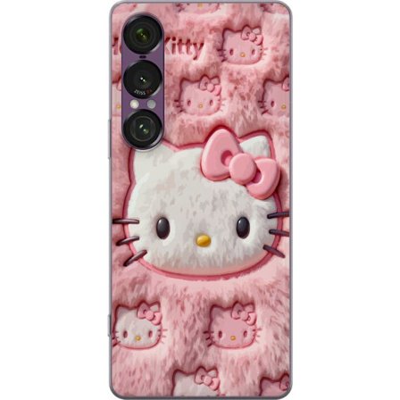 Yhteensopiva Puhelinkuori Sony Xperia 1 VII Hello Kitty vaaleanpunainen pörröinen tausta, jossa on ikoninen kasvot ja kawaii-esteettisyys