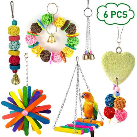 Set med 6 leksaker för flyttfåglar, gunga, stege, dekoration för små och medelstora fågelburar, parakiter och papegojor