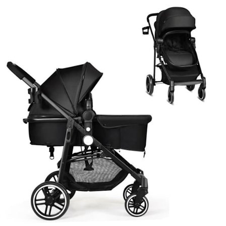 COSTWAY 4 hjul 2-i-1 barnvagn-enhandsfällbar sits-ryggstöd, justerbar kapell-fotskydd-0-3 år, 15 kg-svart