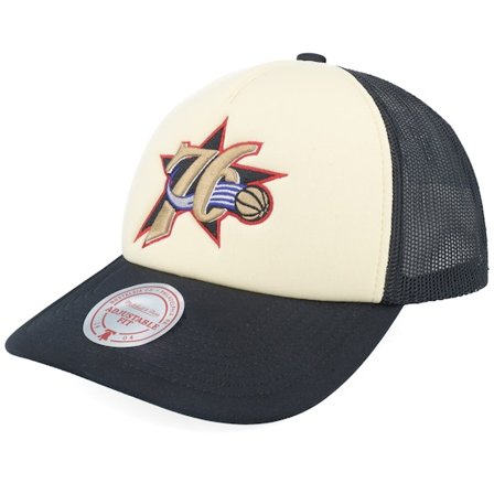 Mitchell & Ness - Philadelphia 76ers Vintage Block Hwc Cream/Black Trucker Trucker Beige Cap - NBA @ Hatstore
