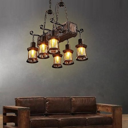 55 cm LED-retrolista puinen kattokruunu lasi-varjostimella