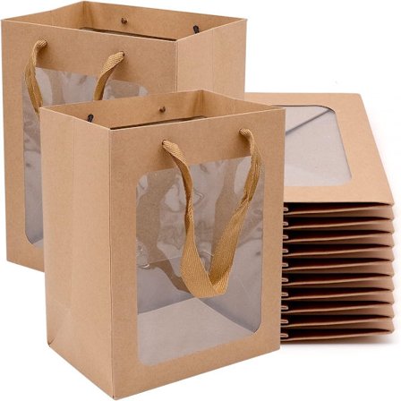 Papperspåsar - 10 stycken - Presentpåsar - med klart fönster - med handtag - Brun - 18*13*25 cm