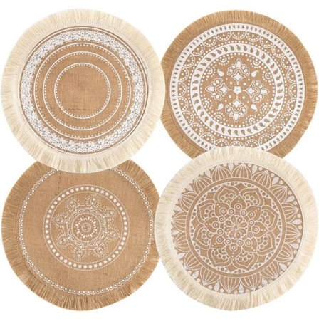 Set med 4 Boho Vevde Runde Bordstabletter Håndlagde Bordmatter Vevd Jute Kvastmatte Retro Borddekor Frynser Bomulls Kaffe (Kvastmix A)