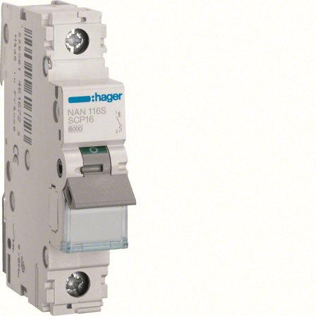 Hager NAN116S Miniatyrbryter 1-polet, 10 kA 16A, Stikkontakter & kabler