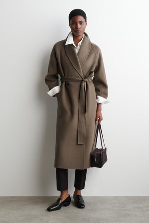 COS Women's Belted Double Faced Wool Long Coat in Brown