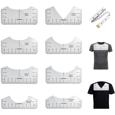 8 stk. - T-skjorte linjalguide - m/ 1 mykt målebånd - T-skjorte justeringsverktøy - T