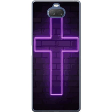 Yhteensopiva Puhelinkuori Sony Sony Xperia 10 Plus Neonristi purppuranvalossa tummaa tiiliseinää vasten, symbolinen motiivi vahvalla hohto moderni e