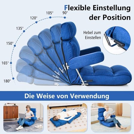 Golvstol hopfällbar bondsoffa med justerbart ryggstöd 80 x 72 x 75 cm blå