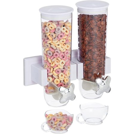 Cereals Dispenser Double Wall Mount for Cereals, Plastic, White, 1 Piece