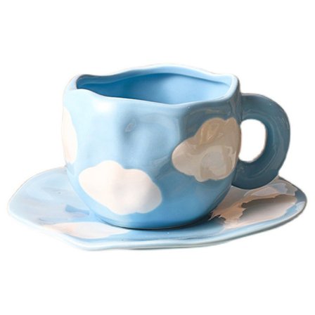 Oregelbunden keramisk kopp och fat, 320 ml handpressad kaffekopp under glasyr och fat för damer