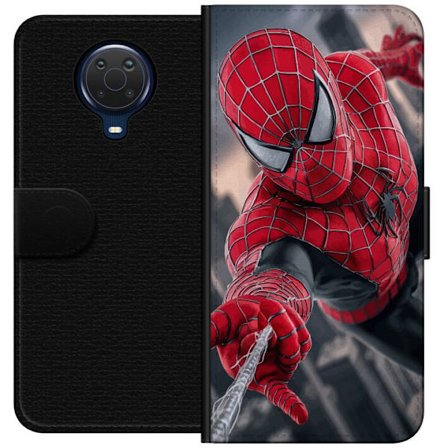 Yhteensopiva Lompakkokotelo Nokia Nokia G20 Dynaaminen Spider-Man-kuvaus toimintanäkökulmasta, supervoimien teema liikkeen energialla ja elokuvamain