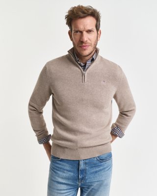 GANT - Bomullsgenser med half-zip til herre dk sand melange