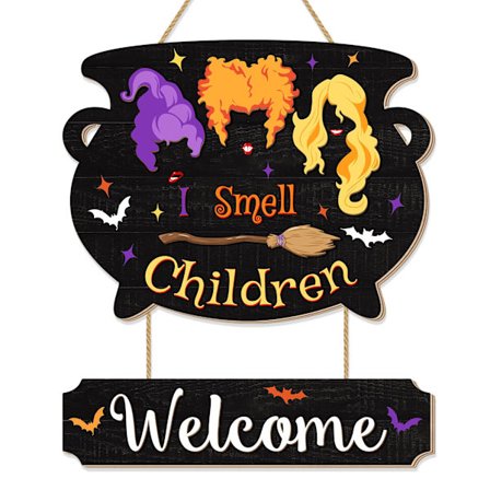 Halloween Hocus Pocus -aiheinen riippuva kylttisetti - "I Smell Children" & "Welcome" -mallit, noitamainen musta puukoriste etuoveen