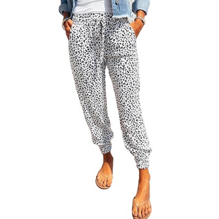Damebukser Leopard Print Snøre Elastisk Talje Løse Afslappede Lounge Bukser med Lommer Hvid