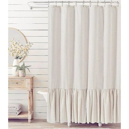 Rustikt duschdraperi med volanger, duschdraperi i linneblandning för badrum, natur, 183 x 183 cm
