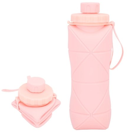 Hopfällbar vattenflaska av silikon med lock, 600ml, rosa
