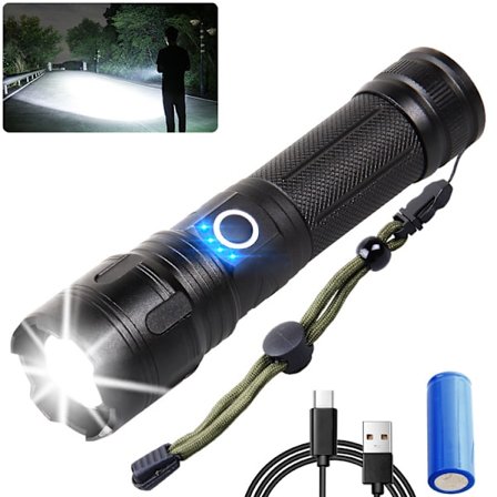 LED-ficklampa med starkt ljus, teleskopisk zoom, USB-laddningsbar