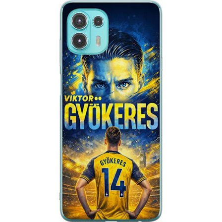 Kompatibelt Mobildeksel til Motorola Motorola Edge 20 Lite Viktor Gyökeres fotballplakat i gult og blått med dramatisk stadionbakgrunn, sportillustr