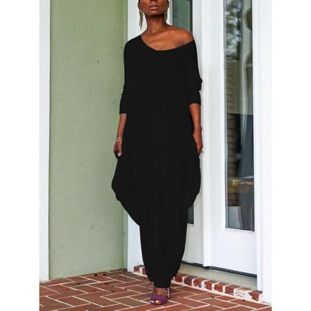 Dam Plus Size Lösa Jumpsuits Harem Byxor O Neck Öppen rygg Kortärmade fickor Playsuits One Piece Romper For Lady 2022 Black S