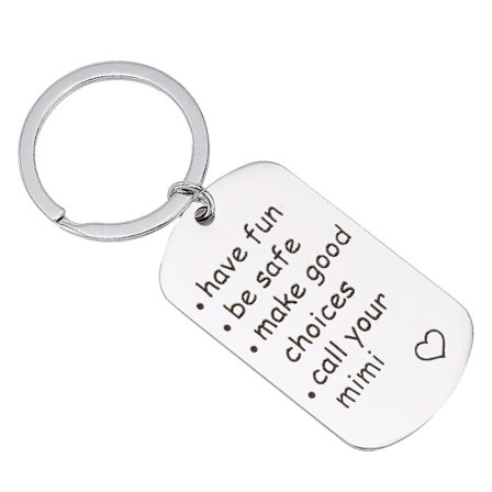 Graverad "Ha kul, var säker, fatta bra beslut, ring din familj" Kreativ Nyckelring i Rostfritt Stål (mimi)