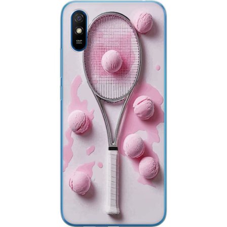 Kompatibel Mobilcover til Xiaomi Xiaomi Redmi 9AT Rosa glaskugler og tennisketsjer i et kreativt stillbillede med legende popfølelse og moderne desig