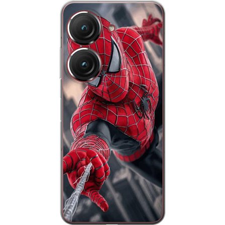Yhteensopiva Puhelinkuori Asus Asus Zenfone 9 Dynaaminen Spider-Man-kuvaus toimintanäkökulmasta, supervoimien teema liikkeen energialla ja elokuvama