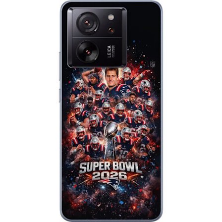 Yhteensopiva Puhelinkuori Xiaomi 13T Super Bowl 2026 juliste, jossa New England Patriots ja NFL-mestaruuspalkinto räjähtävän urheilullisessa suunnitte