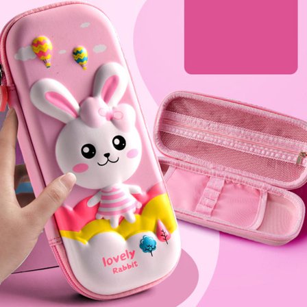 Tegneserie blyantveske EVA 2 lag læring stasjonær boks gutter jenter 3D PU skinn stor kapasitet rosa søt kanin