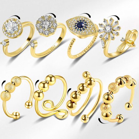 8 stk. Justerbar antistressring med roterbare perler - Roterbar Antistressring, Fidget Spinner Ringe Guld