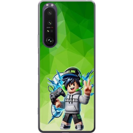 Kompatibelt Mobildeksel til Sony Xperia 1 III Roblox-inspirert gamerfigur med headset, håndkontroll og energiske effekter mot grønn bakgrunn