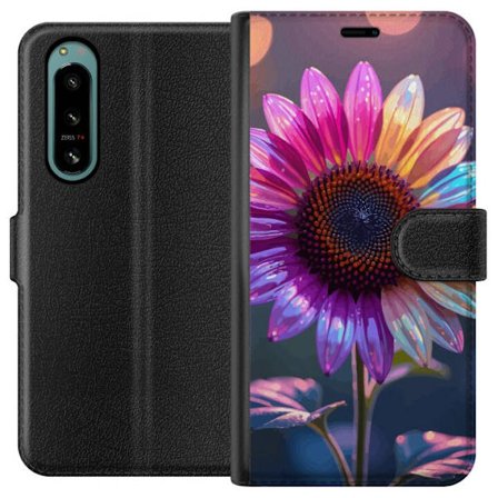 Kompatibelt Lommeboketui til Sony Xperia 5 IV Irideserende blomst med glitrende kronblad i rosa lilla og gull mot myk bokeh bakgrunn