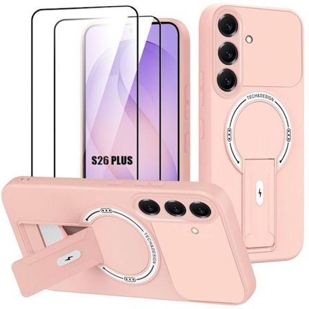 Cover til Samsung Galaxy S26 Plus, med magnetisk cirkel og støtte - Rosa - 2 hærdede glas