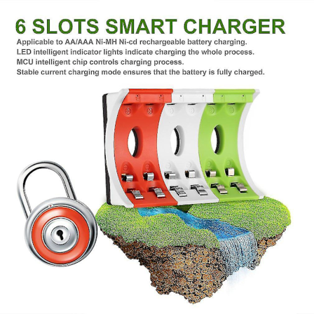 Leise 6-slots Smart USB Batteriladdare för AA AAA Batterier